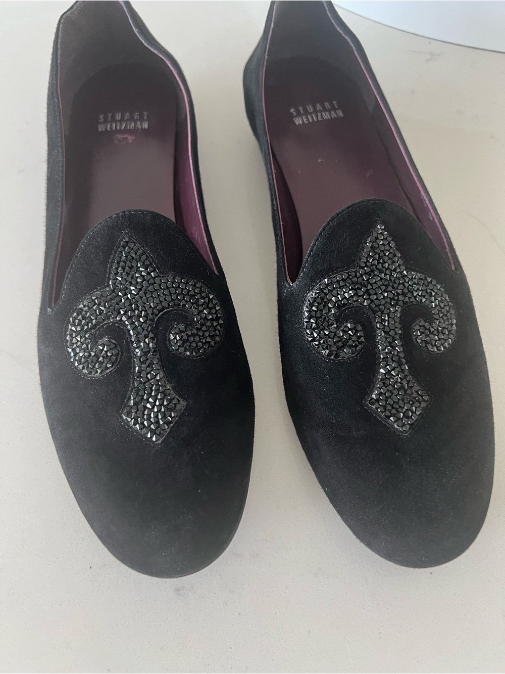 Stuart Weitzman Black Suede Crystal-Embellished Loafers fleur de lis